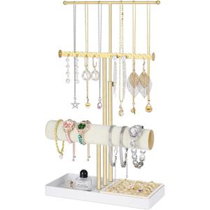 3-Tier Jewelry Stand Jewelry Organizer, Gold Necklace & Bracelet Organizer with Velvet Ring Tray, Sturdy Jewelry Holder for Earrings, Cute & Aesthetic Jewelry Display Tower Gift for Women