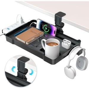 KDD Under Desk Organizer - 360 Rotating Clamp-On Tray with Headphone Hook, Phone & Tablet Holder, Cup Holder, and Cable Management - No Drilling Desk Storage Accessories for Office and Home