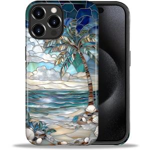 Case for iPhone 16 Pro, Hybrid Heavy Duty 2 in 1,PC Hard Shell & Silicone Inner Bumper, Anti-Scratch Full-Body Cover Shockproof Slim Design Case - Beach Palm Tree