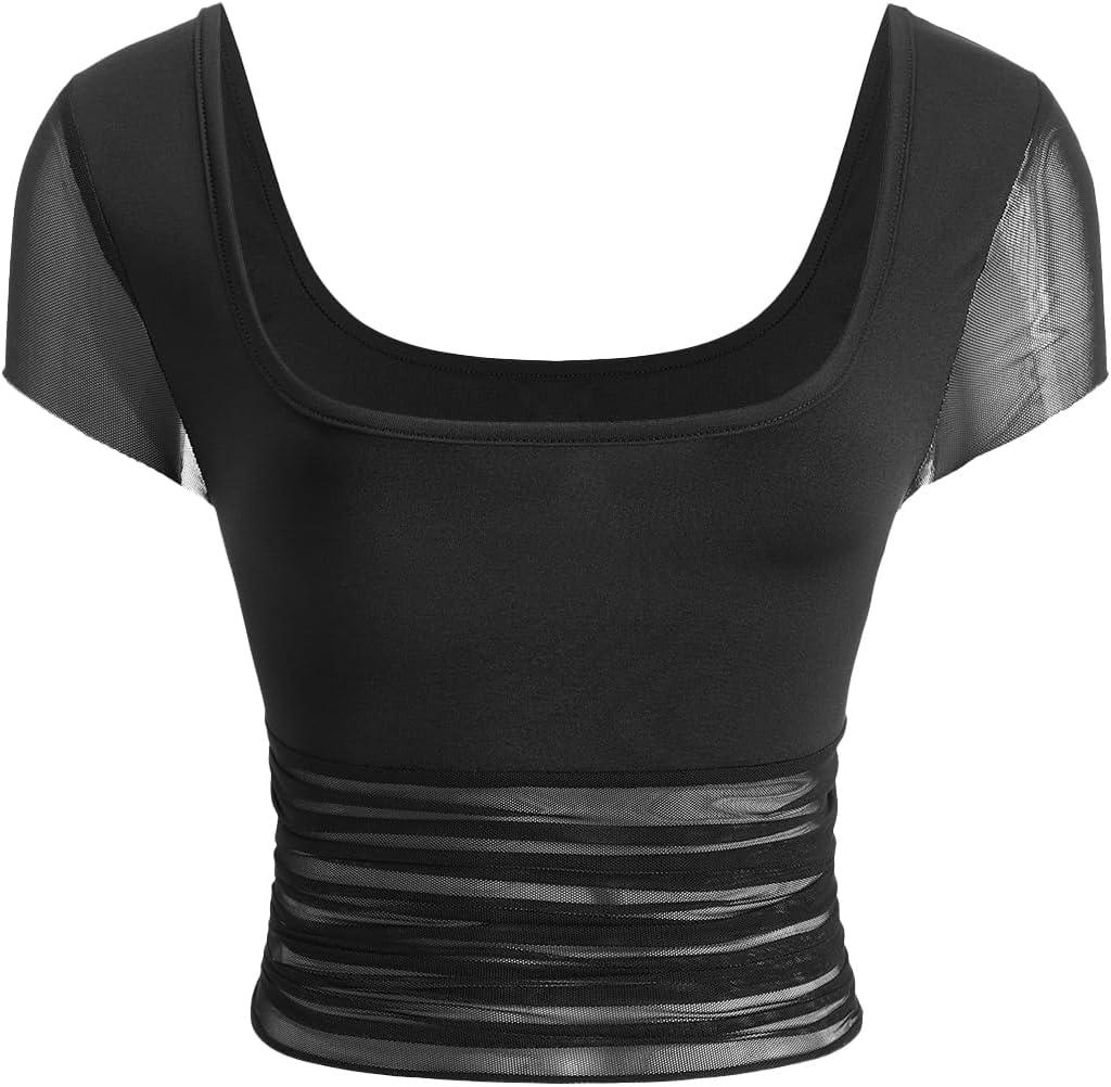 Women's Mesh Sheer Square Neck Crop T Shirt Ruched Short Sleeve Going Out Tops (L)
