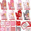 Suclain 32 Pcs Valentine's Day Oven Mitt and Pot Holders Valentine Baking Gift Set Cute Non Slip BBQ Gloves Kitchen Potholder Wooden Spoons and Cards for Women Valentine's Day Gift Cooking Baking