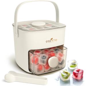COZYTO CubeGo Ice Cube Tray with Lid and Storage Bin  One-Press Release, 48 Mini Ice Cubes, BPA-Free, Odor-Proof, Includes Scoop  DIY Fruit Ice for Cocktails, Drinks & Smoothies (Cream White)