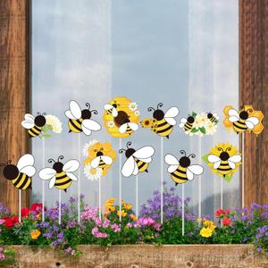 Bee Garden Stake Decor - 12Pcs Yellow Working Bee Art Stick Floral Picks Garden Yard Metal Decorative Stake Sign Spring Summer Outdoor Backyard Pathway Lawn Plant Flower Pots Decoration