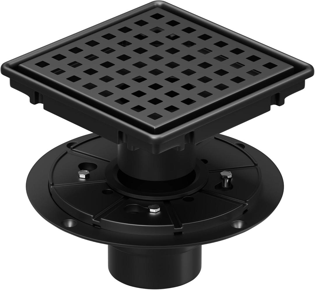 6 Inch Square Shower Drain with Flange, 304 Stainless Steel Floor Drain, Quadrato Grate, Removable Hair Catcher, Anti Odor Pest Sealing Plug, High Flow Drainage, Matte Black (Black, 6 Inch)
