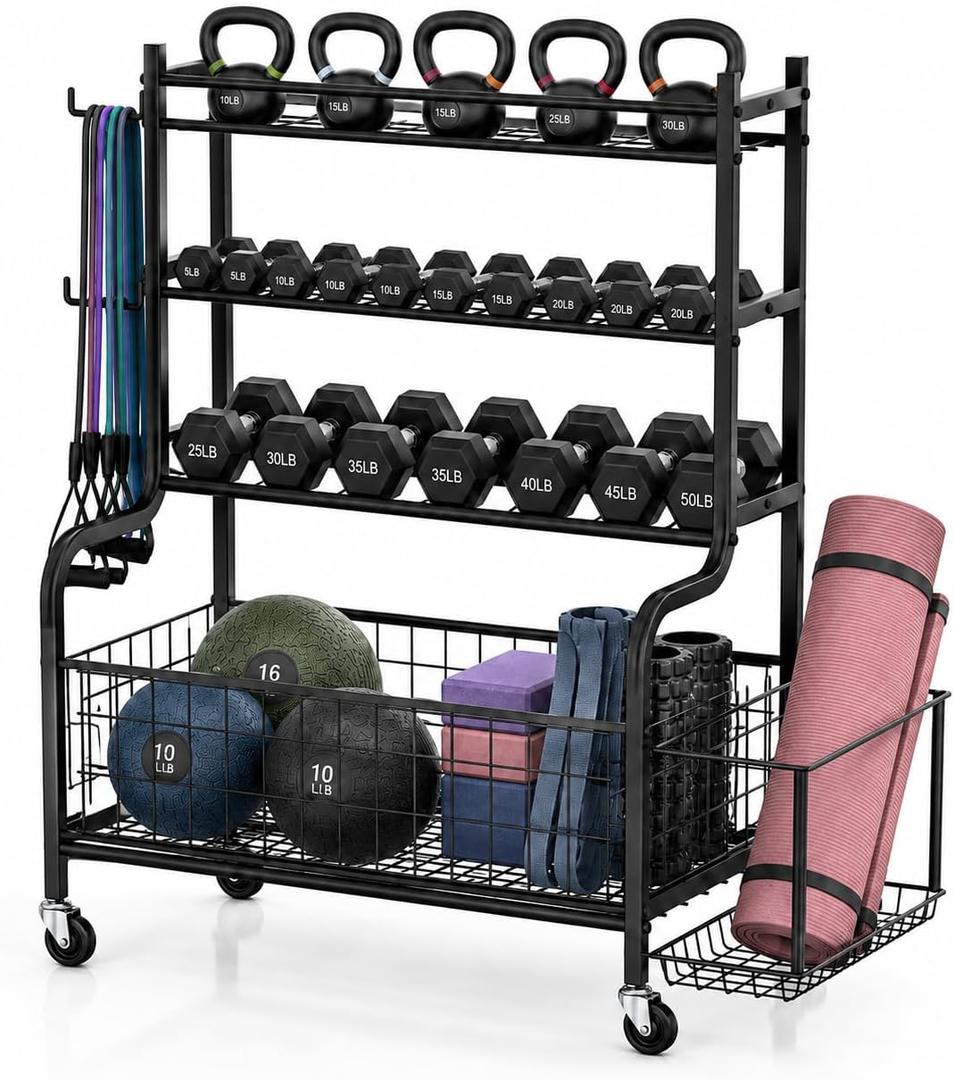 4-Tier Home Gym Storage Rack with Wheels and Hooks, Dumbbell Stand