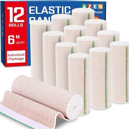 AZEN Premium 12 Pack Elastic Bandage Wrap 6 Inch, Compression Wrap Bandage for Legs, Ankle, Knee, Tummy, Body, Latex-Free, Lymphedema Wraps for Legs