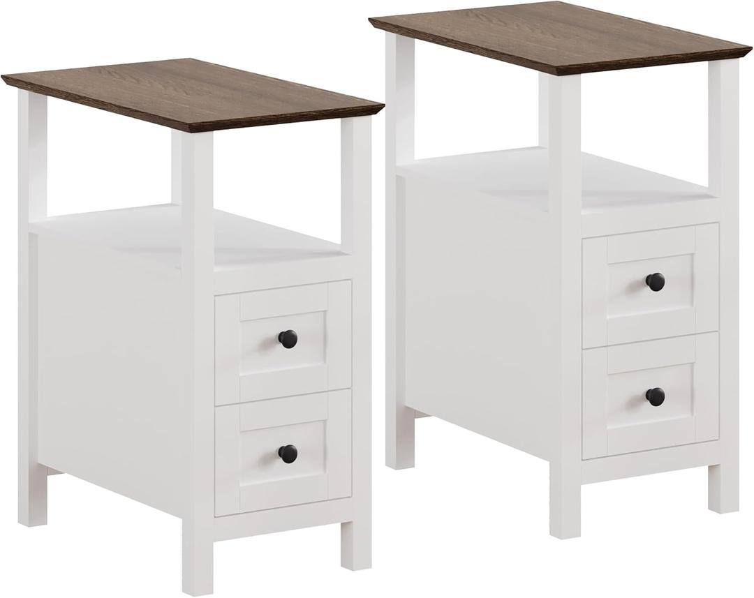 ChooChoo Farmhouse End Tables Set of 2, 3-Tier Narrow Nightstand with 2 Drawers, Slim Bedside Tables with Open Shelf for Small Space Living Room,White