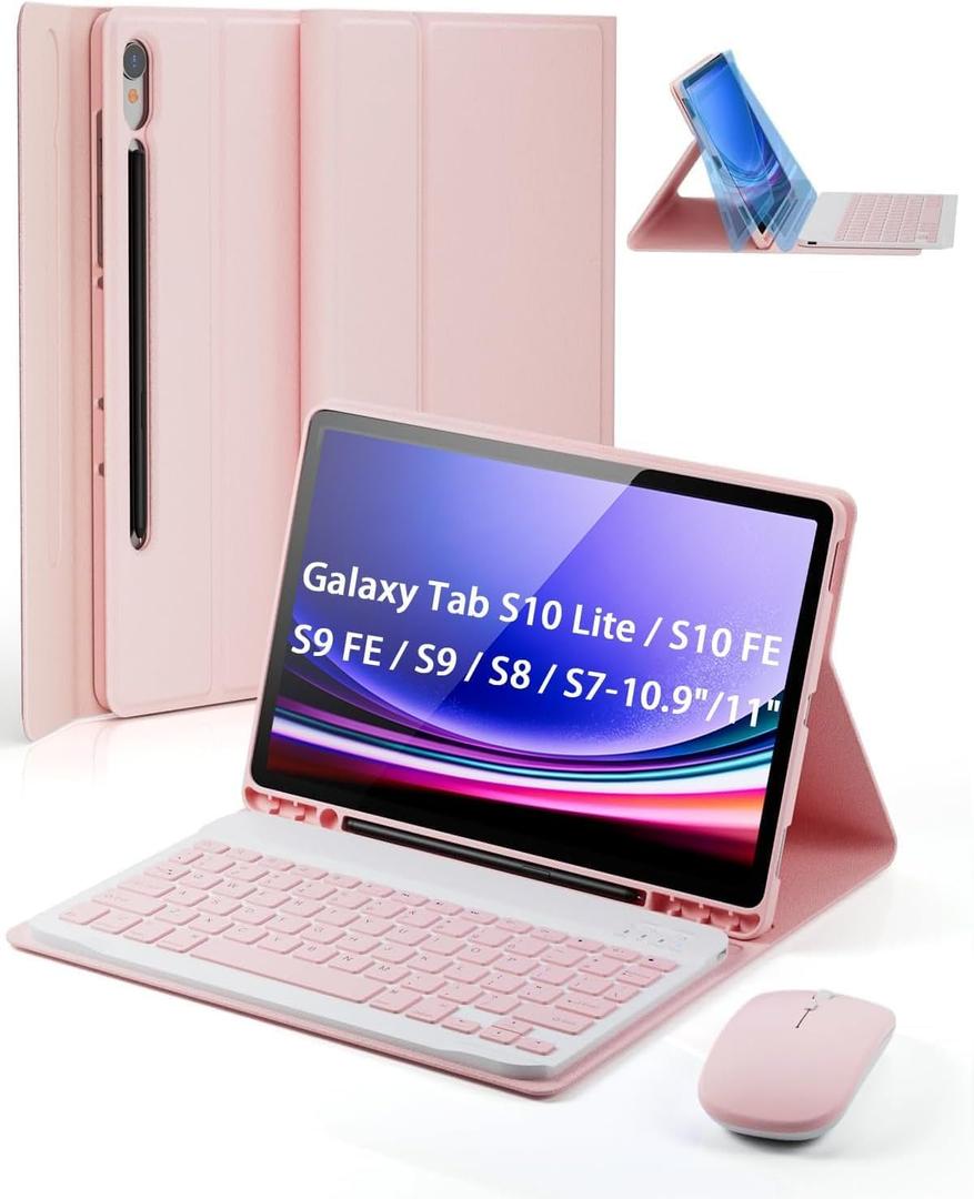 TUNKARMOR Case Keyboard for Samsung Galaxy Tab S10 Lite / S10 FE / S9 FE / S9 / S8 / S7 10.9"/11" Built-in Pencil Holder with Mouse (Pink)
