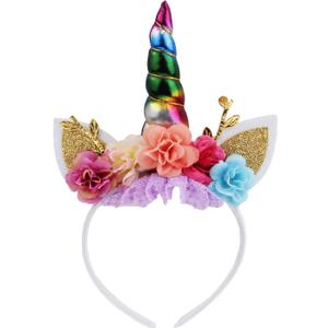 Nishine Unicorn Horn Floral Headband Glitter Ears Pony Head Bands Tiara for Girls Party Birthday Cosplay (Rainbow)