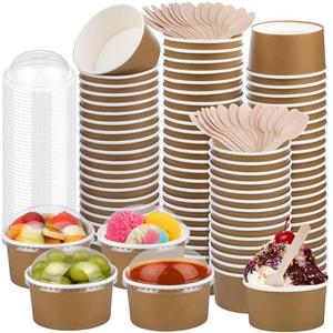 LemonRoad 49 Pack 5 oz Ice Cream Paper Cups with Lids and Spoons Disposable Dessert Cups Ice Cream Bowls Sundae Containers for Snack Yogurt Soup Birthday Party Supplies (Khaki)