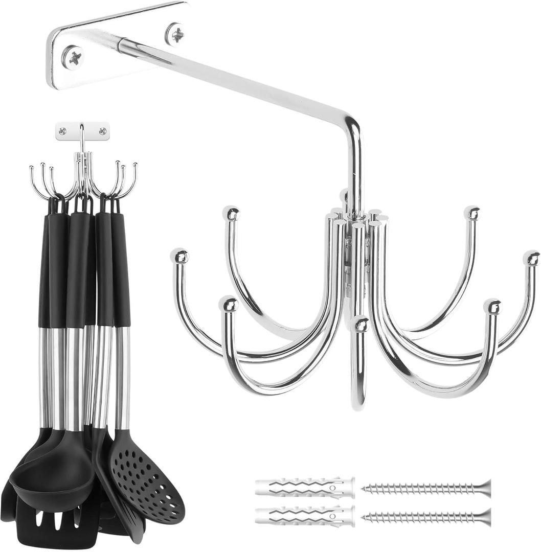 ZEDODIER Kitchen Cooking Utensil Holder, 360 Rotating Kitchen Hooks for Hanging Utensils, Heavy Duty Metal Utensil Rack with 8 Storage Capacity for Utensil, Towel, Pot, Glove, Aprons, Silver
