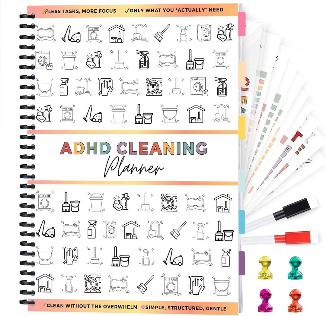 4 x ADHD Cleaning Planner, Dry-Erase Sleeve + Paper Pages, Removable Ring Binder, Daily,Weekly,Monthly Plans, Cleaning Schedule and Checklist, ADHD Planner for Adults Women