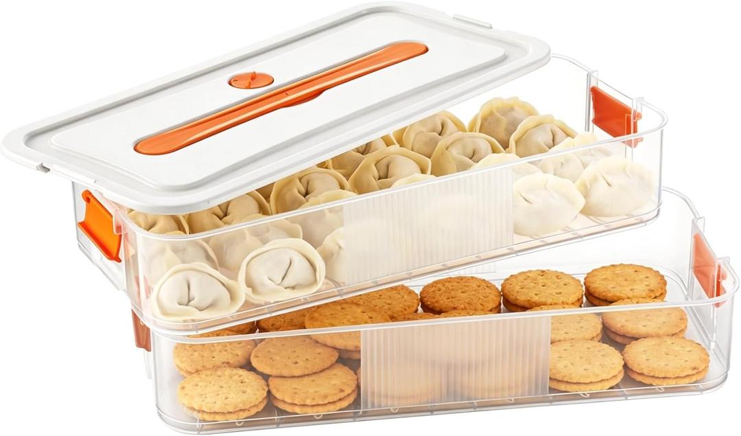 Homaisson Cookie Storage Container with Lid, 2-layer Plastic Food Storage Box with Lid & Handle, Airtight Stackable Dumpling Carrier with Date Dial, Microwave & Freezer Safe