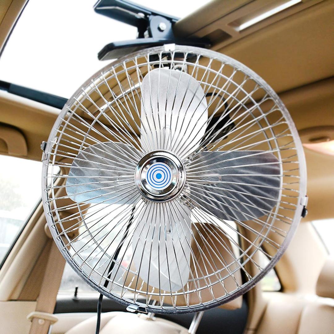 CYDZSW Car 12v Clip Fan,12 Volt DC 10 inch Large 360° Adjustment Metal Fans with Cigarette Lighter,90° Rotation Oscillating Clamp on Cooling Fan for Golf Cart RV and Vehicles (10inch)