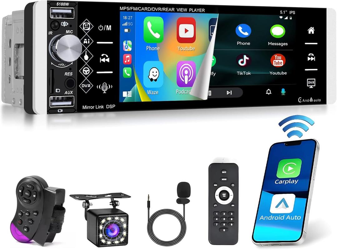 Hikity 5.1 Inch Car Stereo with Wireless Apple Carplay Android Auto, Single Din Touch Screen Car Radio with Bluetooth, Mirror Link AM FM EQ SWC, Car Audio Receiver with USB/TF/AUX-in, Mic, Backup Cam