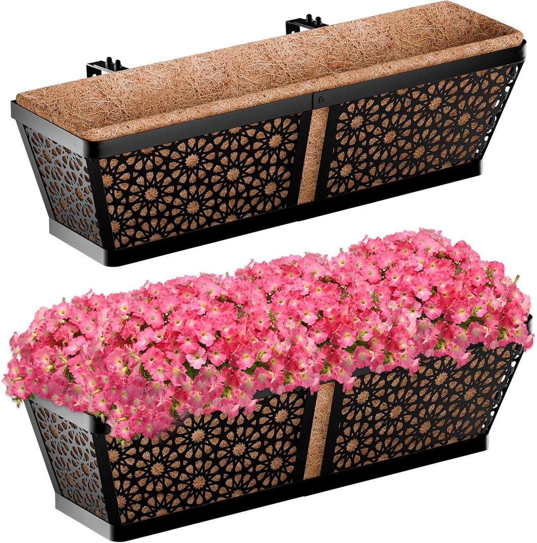 ZeeDix Railing Planter Boxes, 24 Inch Window Flower Box Planters with Coco Liner & Adjustable Brackets for Deck Porch Fence Patio Balcony Gardening Outdoor Plants (2 Pack) (Rectangular)