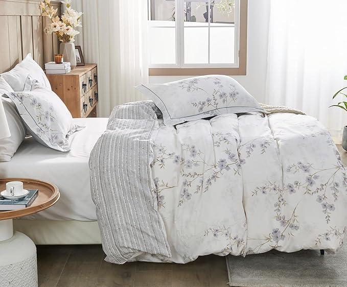 SLEEPBELLA Comforter Queen Size, 600 Thread Count Cotton White Printed with Purple Botanical Comforter Set,Down Alternative Bedding Set 3Pcs(Queen, Purple Botanical)