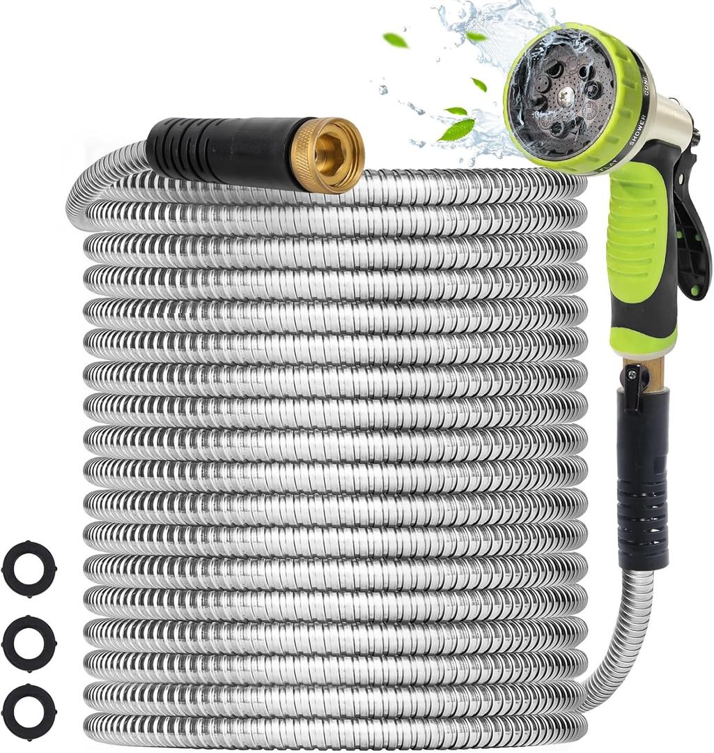 Metal Garden Hose 100FT - Heavy Duty Stainless Steel Metal Water Hose With 10 Function Nozzle, Lightweight, No Kink, Durable and Leak Proof Flexible Garden Hose for Yard, Outdoor