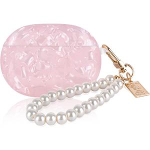 Glitter Marble Shell Design for Beats Studio Buds with Pearl Wrist Chain Keychain Sparkle Protective Skin Cover (Pink)