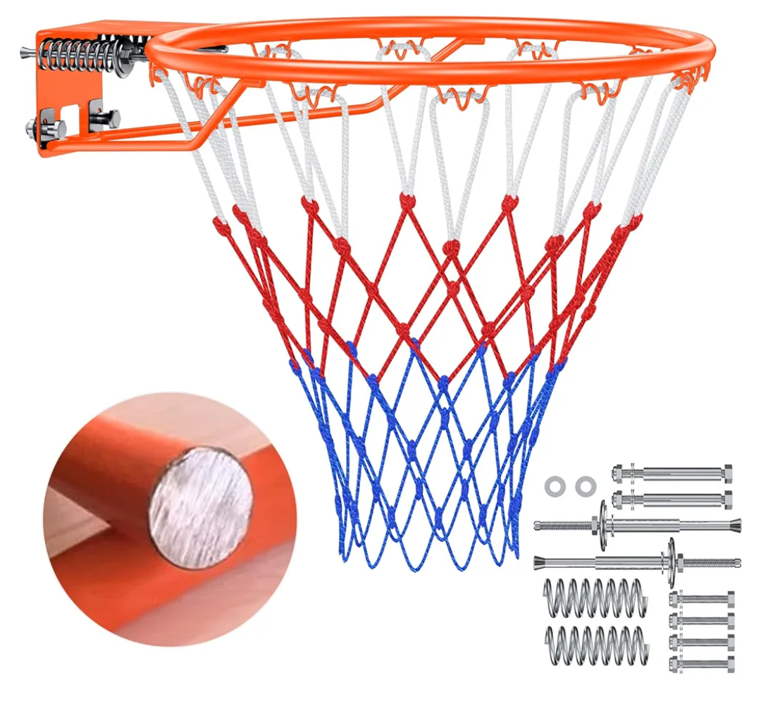 Basketball Rim, 18" Replacement Wall Mounted Outdoor Basketball Hoop, Heavy Duty Solid Steel, Double Spring Basketball Hoop Rim with All Weather Net for Indoor and Outdoor Hanging