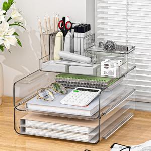 Paper Organizer Letter Tray - Acrylic Stackable Desk File Organizer with 5-Gird Tray and Pencil Holder, Clear File Organizer for Desk, Office Organizer for File Paper, Ipad, Letter, Small Item Etc