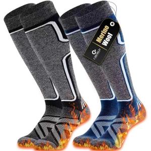 Cirorld Merino Wool Ski Socks Women Men, 2 Pairs Knee High Winter Warm Skiing Socks Performance Thermal Snowboarding Socks (Large, Black & Blue)
