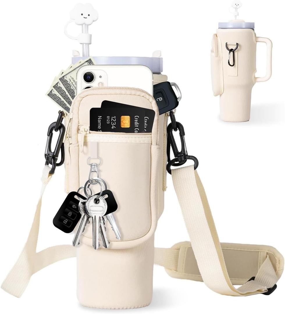 dabria Water Bottle Carrier Bag with Phone Pocket for Stanley 40/30 oz Tumbler Neoprene Water Bottle Holder Pouch with Adjustable Strap Bollus with Straw Cover & Carabiner for Stanley Cup Accessories (Cream)