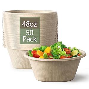 Homestockplus 48 Oz Disposable Bowls - Heavy Duty and Compostable Bowl - Made from Sugarcane and Bamboo Fibers, Microwave Safe - Large Paper Bowl for Soup, Salad, Ramen, Popcorn, etc. [50 Pack]
