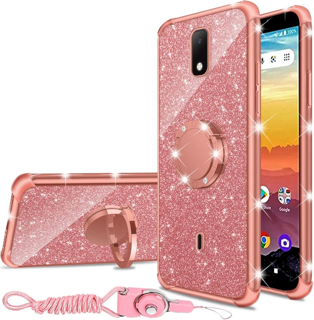nancheng for AT&T Calypso 2 (U319AA) Case, Phone Case for Cricket Debut Women Glitter Cute Luxury Soft TPU Silicone Clear Cover with Stand Shockproof Protection Case - Rose Gold