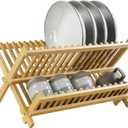 KKTONER Bamboo Dish Drying Rack 2 Tier Foldable Plate Organizer Collapsible Plate Organizer Holder for Kitchen Countertop (Natural)