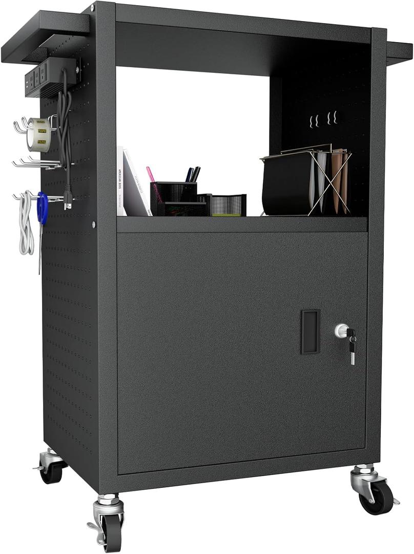 Mobile AV Cart with Push Handles, Heavy Duty Rolling Media Cart with Customized Pegboard & Hooks, Multipurpose Utility Cart with Extra Storage Space, 4 Outlets (Style 3 31.5Dx18Wx40H)