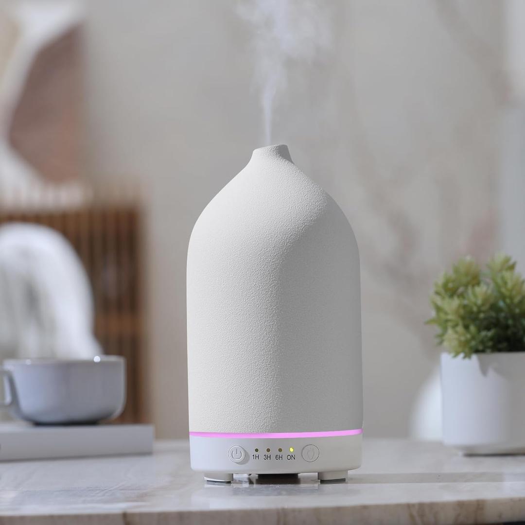 200ML Ceramic Essential Oil Diffuser - Ultrasonic Aromatherapy & Humidifier with 7-Color LED Lights, Auto Shut-Off, White, 1H/3H/6H Timer | Scent for Home, Office, Yoga