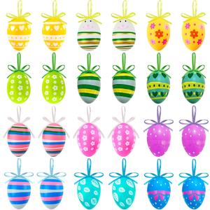 Easter Eggs Hanging Ornaments 24 Pcs Easter Decorations Hanging Eggs | Colorful Pastic Decorative Egg Tree Oranments Hand Painted Ball Egg for Spring Farmhouse Home Tree Basket Filler Decor