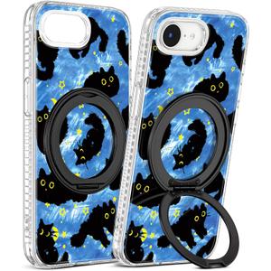 Loheckle for iPhone 17e/16e Case with Stand- Compatible with MagSafe Women Girls Cute Clear Girly Aesthetic Unique Design Soft TPU Magnetic Ring Phone Cover for Apple 17e/16e, Blue Cat