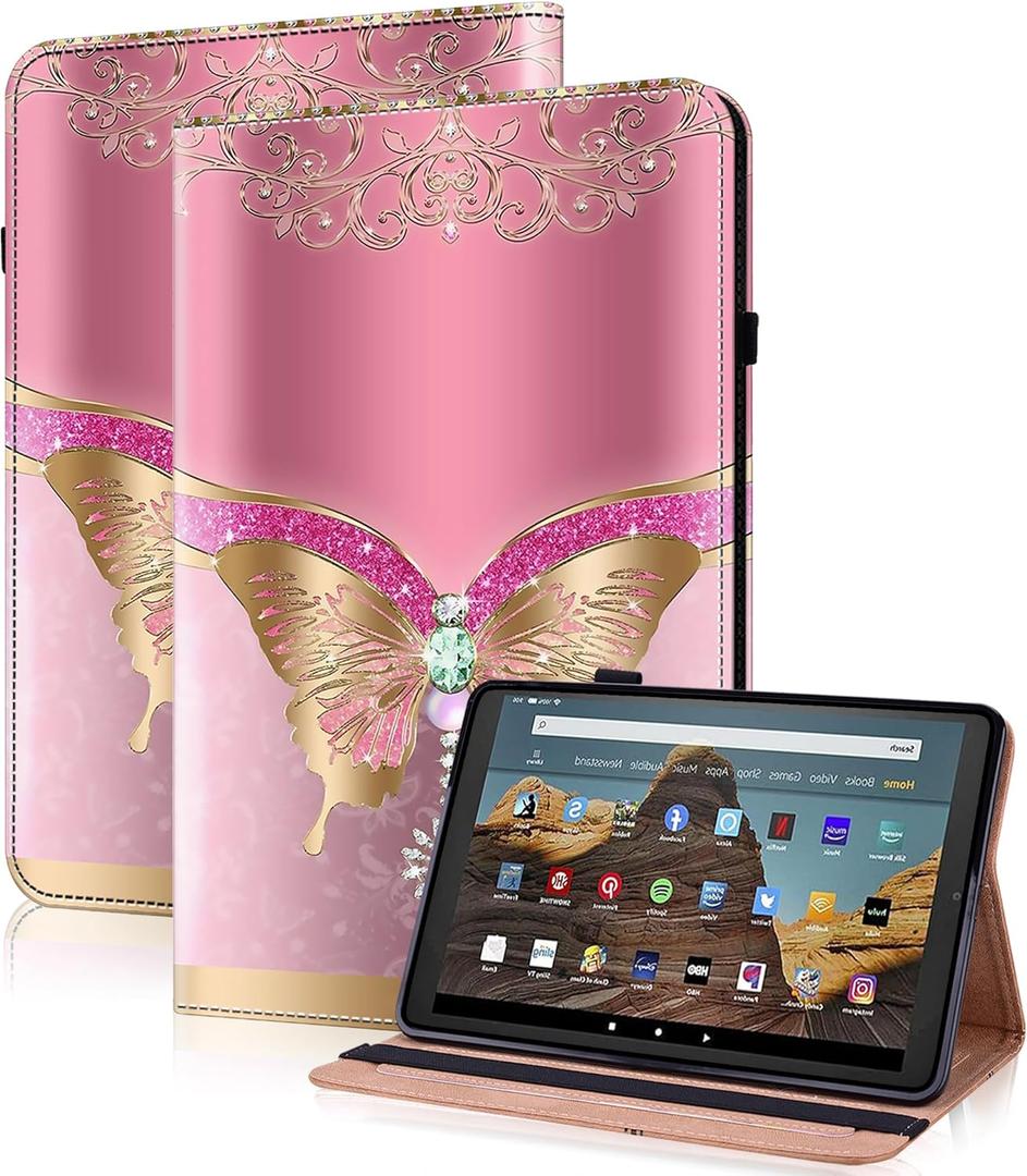 for Kindle Fire HD 10 Case 9th/7th/5th Generation 10.1 Inch (2019/2017/2015), PU Leather Wallet Cover with Pen Holder, Elastic Band & Card Slots for Kindle Fire HD 10 Case - Pink Butterfly