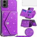 Asuwish Phone Case for Motorola Moto G 5G 2024 Wallet Cover with Tempered Glass Screen Protector and Crossbody Strap Lanyard Bling Glitter Credit Card Holder Cell Accessories G5G 5 G G5 Girls Purple