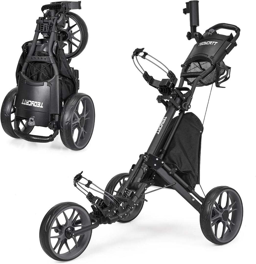 3 Wheel Golf Push Cart: Lightweight Golf Walking Cart, Compact Folding Golf Trolley, with Phone Holder, Foot Brake, Cup, Umbrella Holder, Cooler, Gray