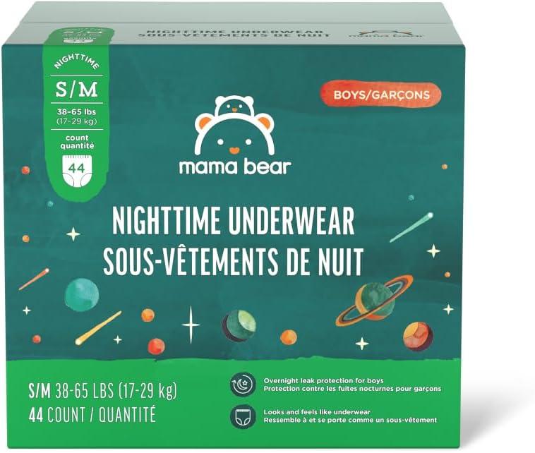 Amazon Brand - Mama Bear Boy's Nighttime Underwear for Bedwetting, Overnight Protection, Hypoallergenic, Size S/M (38-65 lbs), 44 Count, White (S/M (38-65 Pound))