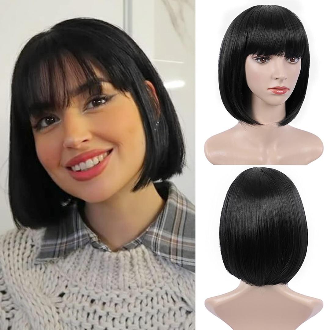 MOSINA Black Bob Wig - Short Black Straight Bob Wigs with Bangs for Women, Colorful Short Hair Wig, Cute Synthetic Wig for Cosplay, Daily, Halloween (12inch)