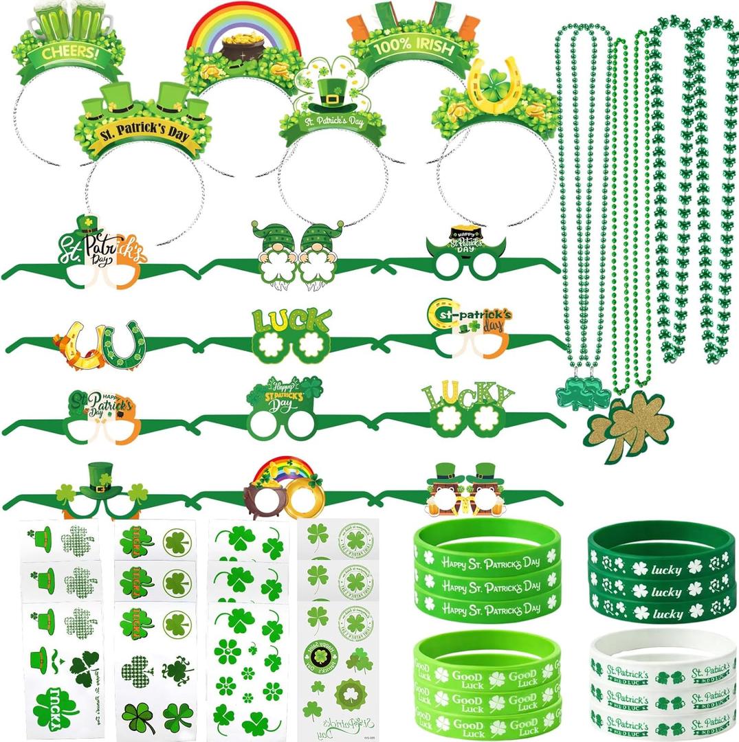 Ansoufien 48 PCS St. Patrick's Day Accessories & Irish Party Supplies - 6 Headbands, 12 Glasses, 6 Necklaces, 12 Wristbands, 12 Sheets (33 Patterns) Tattoos - Shamrock Dress Up