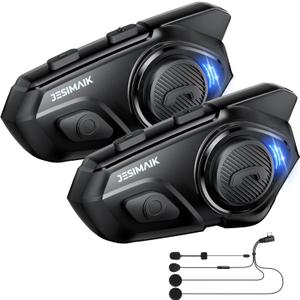 Motorcycle Helmet Bluetooth Headset, 10 Way 2KM Helmet Communication System, Multitasking Audio Motorcycle Intercom, 2 Mics&40mm Speaker, 2 Pack