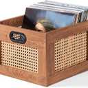 LELELINKY Vinyl Record Storage Crate, Rattan Vinyl Record Holder with Handle, Wood Record Crate for Vinyls Holder up to 75 LP's, Desktop Cube Album Storage for Vinyls Records(Tea Brown) (1 Pack)