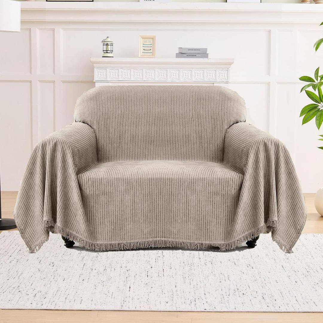 LOMAO Couch Cover Sofa Covers for 3 Cushion Sectional Couch Covers L Shape Couch Cover with Tassel Sofa Protector Washable Reversible Chenille Sofa Slipcover for Pet (Khaki,Small(71 * 91))