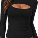 Vrtige Women's Long Sleeve Top Cut Out Front Fitted Sexy Cute Casual Tops Tee Dressy T-Shirt (Black, XL)