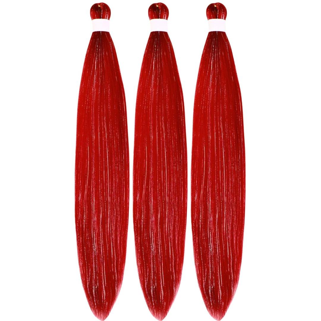 Red Braiding Hair with Tinsel Pre Stretched Braiding Hair 30 Inch 3 Packs Pre Feathered Hair Extensions Yaki Texture Glitter Braids