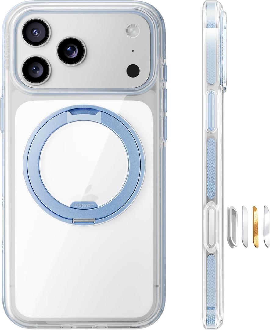 TORRAS 360 Magnetic Stand for iPhone 17 Pro Max Case Ultra Clear, [Fit for MagSafe] [4X Military-Grade Protection] Slim Transparent Non-Slip Case with Camera Button, Haze Blue 6.9", O3 Light Series