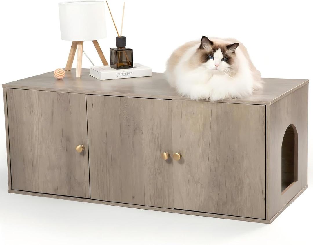 Wooden Cat Litter Box Enclosure with Storage Compartment with Adjustable Divider, Hidden Litter Box Furniture and Hall Table, Cat Box Enclosure, 42.5''L*18.5W*16.9H (Light Oak, Plain)