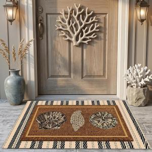 Drydiet 2 Pcs Summer Seashell Layered Doormat Set, Coastal Beach Outdoor Front Door Mat with Striped Rug, House Porch Decor Non Slip Entryway Door Mat for Patio Farmhouse Decor