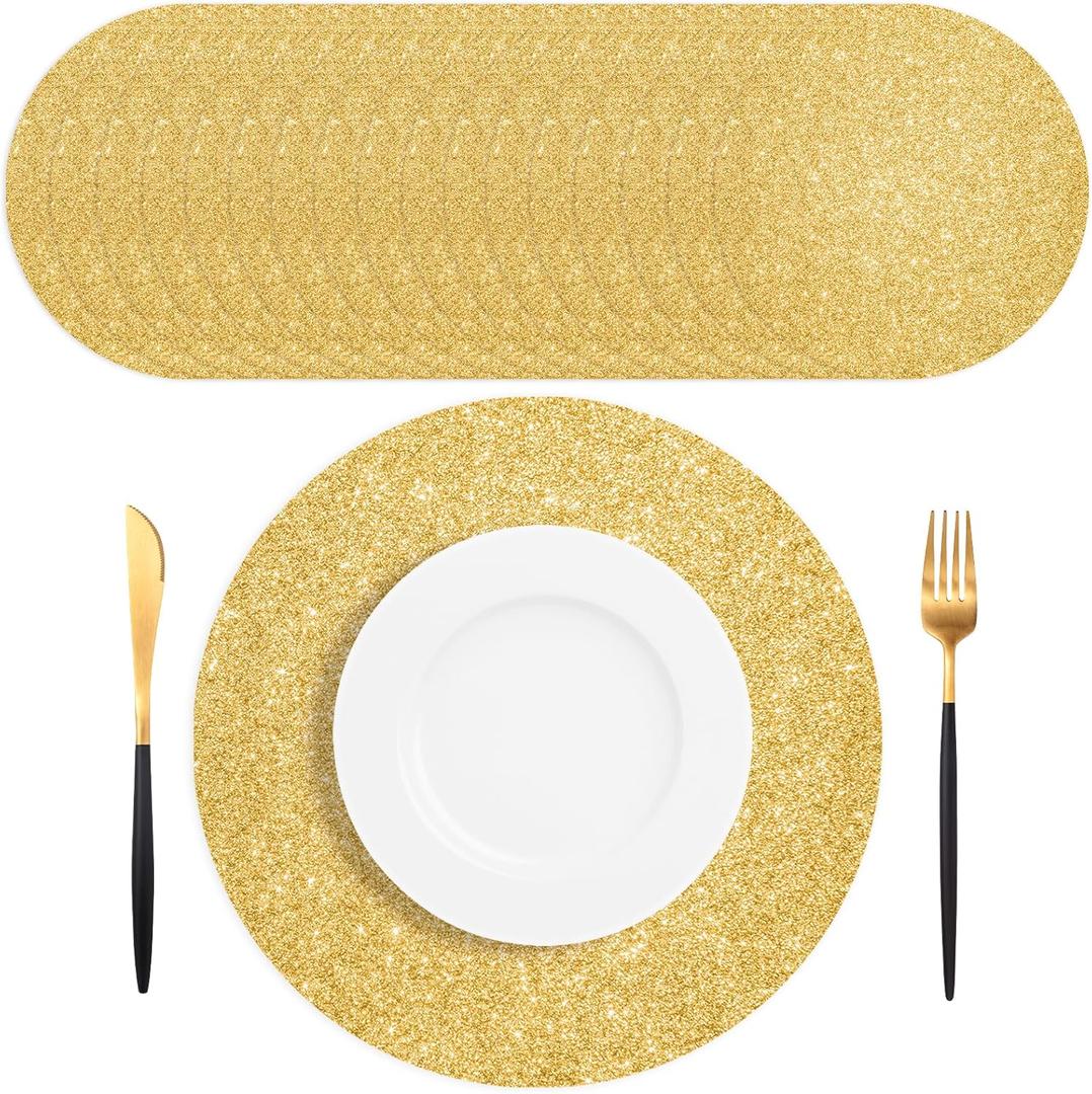 50 PCS Gold Placemats Disposable, Round Sparkle Table Place Mats, 13.5" Inch Shiny Golden Place Mats, for Birthday Wedding Holiday Party Home Dining Tableware
