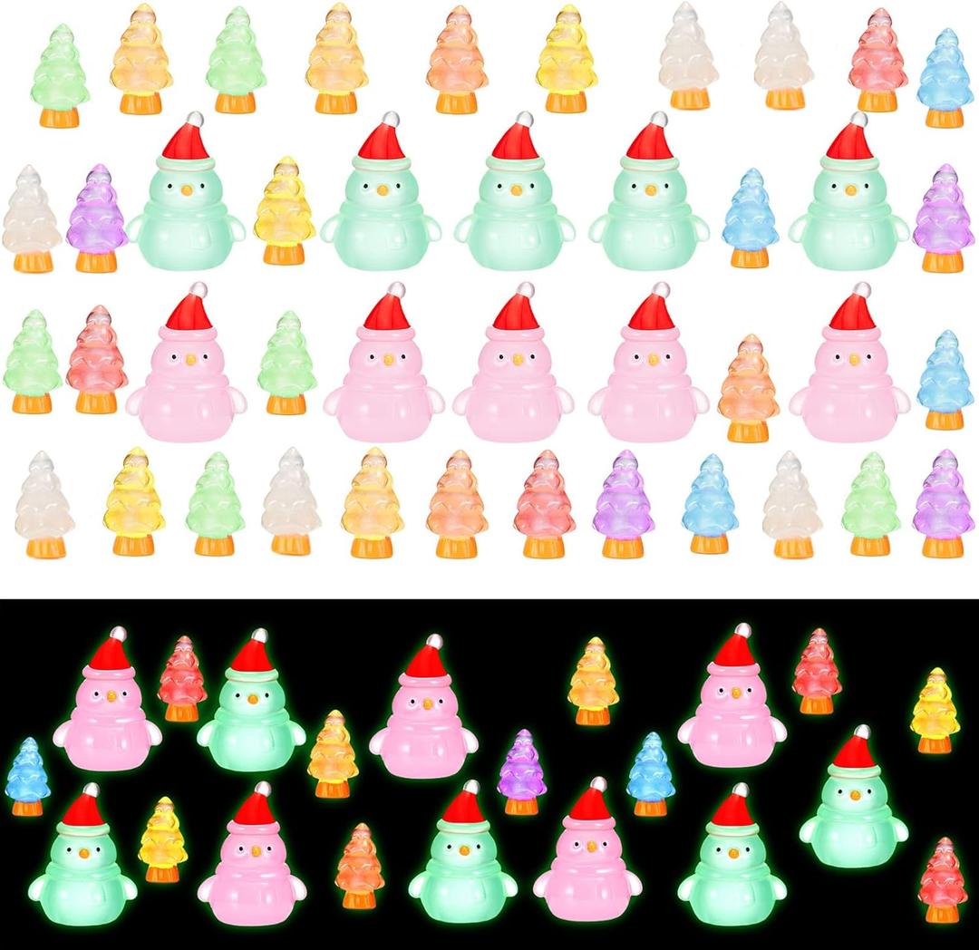 Huwena 60pcs Mini Christmas Luminous Figurines Resin Christmas Tree Snowman Miniature Glow in The Dark Tiny Figures Ornaments for Party Favors Bag Fillers Garden Outdoor Cake Topper Dollhouse Decor